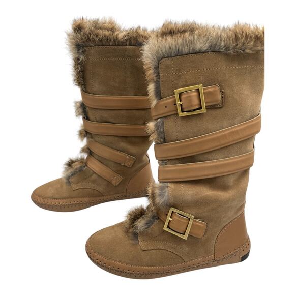 Tory Burch Camel Mid Calf Rabbit Fur Buckle Winter Moccasin Boot Size 6 - Picture 1 of 9